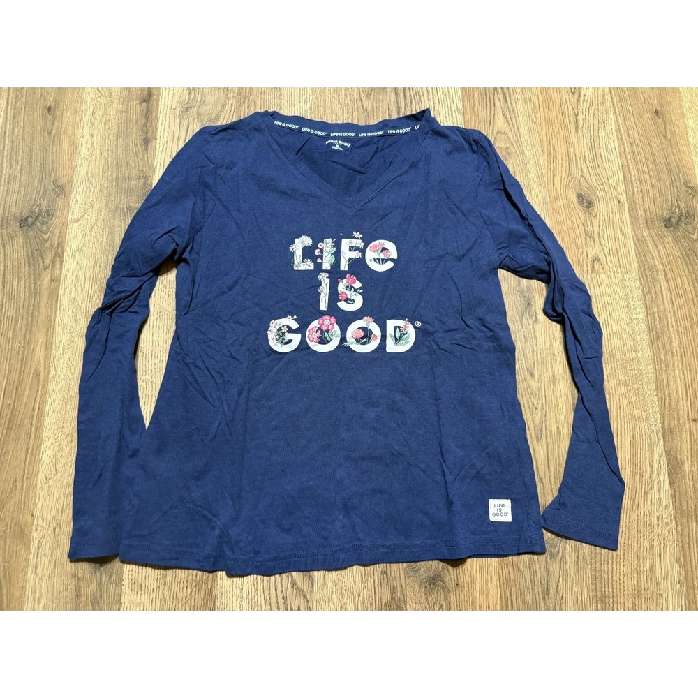 Life is Good Shirt Womens Medium Blue Pink Green White Floral Sleepwear